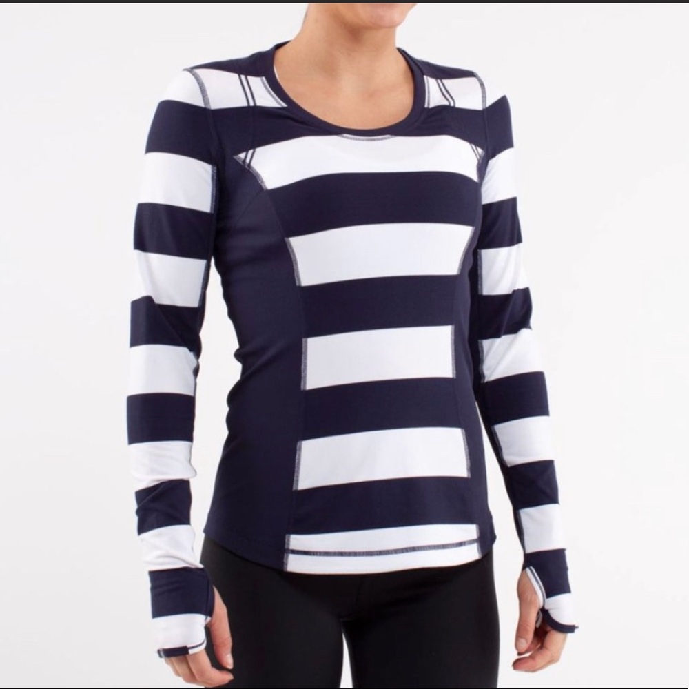 Lululemon RUN SWITCHBACK long sleeve navy blue stripe running shirt